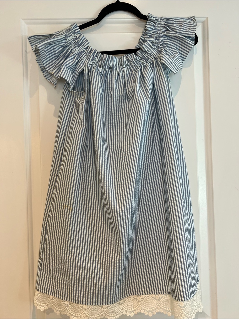Zara Blue and White Striped Off-Shoulder Ruffle Dress